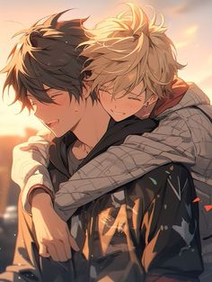 two young men hugging each other in front of the sun