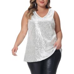 Perfect for any occasion, this sleeveless sparkly top features a flattering V-neckline that looks great with any outfit. Made for women's plus size, this top is perfect for those who want to look and feel good. Wear it as a regular fit bat sleeveless sequin top to any party and get more compliments, summer wear for more ease and impression. Based on the fit and style of this garment, it is recommended to consider sizing down. Please refer to the size chart for detailed measurements to make the m Glitter Tank Top, Plus Size Tops For Women, Sparkly Top, Perfect Curves, Strappy Tank Tops, Plus Size Brands, Casual Tanks, Night Out With Friends, Stylish Top