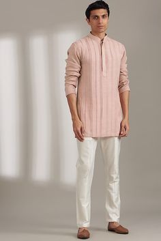 Buy Soniya G Men Blush Pink Handmade Cotton Kurta Set at Pernia'sPopUpShopMen 2023 Pink Kurta Outfit For Men, Pastel Men’s Kurta, Pink Kurta For Men, Indowestern Outfits For Men, Male Wedding Guest Outfit, Indowestern Outfits, Short Kurta For Men, Sewing Logo Design, Wedding Guest Outfit Inspiration