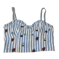 Elevate Your Wardrobe With This Stunning Maeve Striped Strawberry Embroidered Cami In A Beautiful Blue And White Color. This Tank Top Features Unique Accents With Delicate Embroidery, Perfect For Adding A Pop Of Colorful Style To Any Outfit. The Regular Size And Comfortable Fit Make It A Must-Have For Any Women's Clothing Collection. Ideal For Any Occasion, This Top Pairs Well With Denim Shorts Or A Skirt For A Casual Or Dressy Look. Anthropologie Maeve Striped Strawberry Embroidered Cami Blue W Striped Floral Print Tops For Summer, Trendy Blue Tops With Floral Embroidery, Striped Embroidered Cotton Tops, Embroidered Cotton Cami Top, Cute Sleeveless Strawberry Print Top, Striped Cami Tops, White Tube Top, White Tube, Forever 21 Striped Cotton Tops