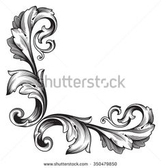 black and white floral ornament design with swirly leaves on the side, isolated from