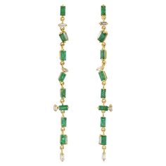 These beautiful earrings are handcrafted in 18K gold. It is set in 2.31 carats emerald and .32 carats of sparkling diamonds. FOLLOW MEGHNA JEWELS storefront to view the latest collection & exclusive pieces. Meghna Jewels is proudly rated as a Top Seller on 1stDibs with 5 star customer reviews. All items manufactured by us are handmade and can be customized or redesigned. Composition Size-66X5 MM Total Weight-4.68 Gold Weight(Gms)-4.154 Diamond Wt(Cts)-0.32 Emerald Wt(Cts)-2.31 Fine Jewelry Baguette Cut Emerald Earrings, Lovely Jewellery, Top Seller, Emerald Diamond, Ear Jewelry, Sparkle Diamonds, Long Earrings, Beautiful Earrings, 5 Star