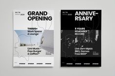 two posters for an event with black and white images on them, one has the words grand opening