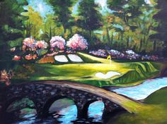 a painting of a golf course with a bridge and flowers on the trees in the background