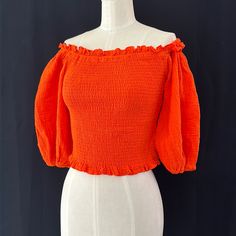 Orange Off The Shoulders, Puffy Sleeves Top Ladies, Large, Elastic Band Stretches Casual Orange Ruffled Top, Fitted Red Puff Sleeve Top For Spring, Orange Crop Top For Day Out, Stretch Orange Tops For Day Out, Stretch Orange Top For Day Out, Fitted Orange Tops With Ruffles, Orange Summer Top With Ruffles, Chic Orange Puff Sleeve Tops, Summer Orange Top With Ruffles