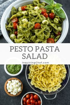 pesto pasta salad with tomatoes, mozzarella and basil