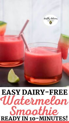 two glasses filled with watermelon smoothie on top of a table