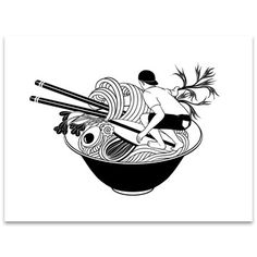 a black and white drawing of a man cooking noodles in a bowl with chopsticks