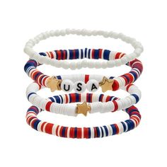 4th Of July Celebration Bracelet Set Independence Day's Soft Ceramic Beaded Monogram Bracelet Stretch Star Flag Clashing Hand Jewelry Material: Soft clay+Acrylic letters+Water drill rings Color: as the picture shows, (Due to the difference between different monitors, the picture may have slight color difference. please make sure you do not mind before ordering, Thank you!) Package weight: 28g Package size: 5x5x3cm,(Please allow 1-3mm error due to manual measurement. please make sure you do not mind before ordering.) Size: One Size.  Color: Red.  Gender: female.  Age Group: adult. 4th Of July Bracelets, White And Blue Bracelet, Patriotic Bracelet, Star Flag, Patriotic Jewelry, Dainty Gold Bracelet, Monogram Bracelet, Polymer Clay Bracelet, Boho Wrap Bracelet