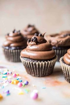 cupcakes with chocolate frosting and sprinkles