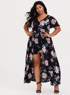 Black Floral Challis Walk Through Romper, MULTI FORAL Torrid Outfits, Plus Size Rompers, Plus Size Summer Outfits, Viking Clothing, Romper Shorts, Plus Size Romper, Challis Fabric, Running Shorts Women, Cruise Wear