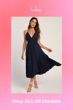 Whether you're headed to a summer soiree or just out for the day, the Lulus Essentially Elegant Navy Blue Sleeveless Backless Midi Dress will have you looking your best! Lightweight woven fabric shapes this flattering, go-everywhere dress. Tying spaghetti straps (with tasseled aglets) cross the open back, supporting a smocked bodice with a plunging V-neckline. Banded empire waist tops the draping skirt that has godet details and falls to a midi hem. Fit: This garment fits true to size. Length: Mid-calf length. Size medium measures 41" from adjustable straps to hem. Bust: Works best for A to C cup sizes. Waist: Fitted - elastic waist allows stretch. Hip: Not Fitted - fuller skirt allows room for hips. Undergarments: May be worn with petals, or no bra. Fabric: Fabric has no stretch. Lined. S Chic Backless Sleeveless Dress For Summer, Chic Sleeveless Backless Dress For Summer, Sleeveless Lined Midi Summer Dress, Summer Flowy Halter Party Dress, Flowy Summer Halter Party Dress, Summer Party Halter Dress Flowy, Summer Blue Backless Midi Dress, Blue Halter Neck Dress For Brunch, Summer Backless Maxi Dress For Date Night