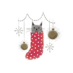 a cat in a christmas stocking with ornaments hanging from it