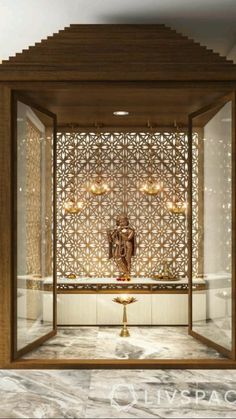 an intricately designed display case in the corner of a room with marble floors and walls