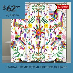 a colorful shower curtain with an image of birds and flowers on it, the price is $