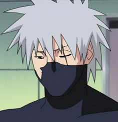 an anime character with white hair and grey eyes wearing a black mask, looking to the side