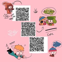 cartoon characters with qr - code on pink background, one person is holding a cell phone