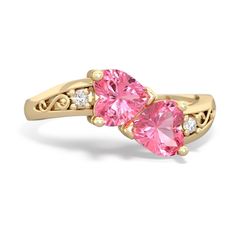 Two hearts, snuggled up against each other, in a warming 14K Gold embrace. This ring features beautiful heart shaped lab pink sapphire and lab pink sapphire gems. Accented by two dazzling diamonds, with an elegant filigree curve. You can customize this ring, perhaps choosing your loved one's favorite colors, or the birthstones of you and your love. Gem: Lab Created Pink Sapphire Metal: solid 14K Gold Diamonds: genuine SI2 diamonds Free gift packaging is included with every order. Pink Gemstone Ring For Valentine's Day, Anniversary Pink Ruby Ring With Center Stone, Pink Heart Cut Ruby Ring For Valentine's Day, Pink Ruby Ring For Valentine's Day, Elegant Pink Birthstone Ring With Diamond Accents, Pink Diamond Accented Promise Rings, Pink Sapphire Birthstone Ring In Fine Jewelry Style, Pink Diamond Accents Promise Rings, Pink Rings With Diamond Accents For Promise Occasion