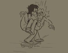 a drawing of two people on a skateboard one is kissing the other's head