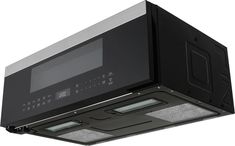 a black microwave oven sitting on top of a white counter with two lights above it