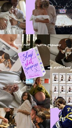 the collage shows many different pictures of people and their babies in bed, with one woman holding a baby