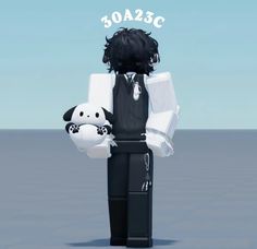 a person in a suit and tie holding a stuffed animal with the number 50az3c on it