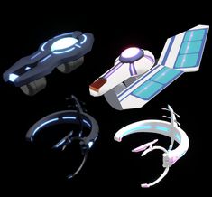 four futuristic objects are shown in the dark