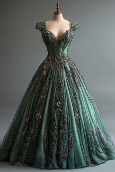 Medival Dresses Green, Slytherin Ball Gown, Green Fantasy Gown, Enchanted Ball Gown, Green Ballroom Dress, Yule Ball Aesthetic, Yule Ball Dress, Ginny Dress, Alternative Dress