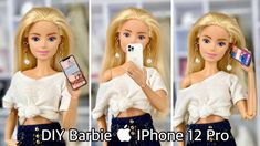 the barbie doll is holding her cell phone