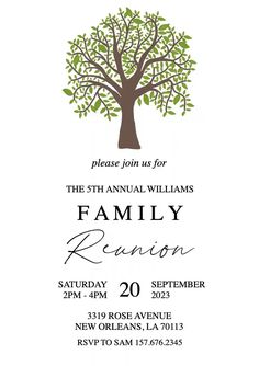 a family reunion flyer with a tree on the front and green leaves on the back