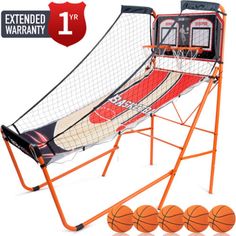 an orange basketball goal with six balls in front of it and the net on top