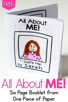 an all about me card with the text, six page booklet from one piece of paper