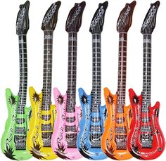 an assortment of electric guitars in different colors and sizes, all with the same design on them