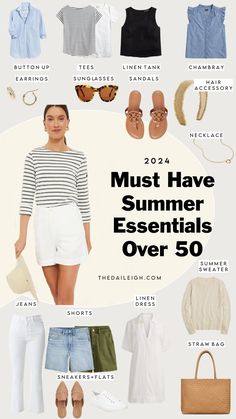 2024 Must-Have Summer Wardrobe Essentials Over 50 — THE DAILEIGH Summer 2024 Capsule Wardrobe, Summer Capsule Wardrobe 2024, Mom Style Summer, Hot Weather Outfits, Basic Wardrobe Essentials, Stylish Outfits For Women Over 50, Casual Summer Outfits For Women, Weather Outfits, Summer Wardrobe Essentials