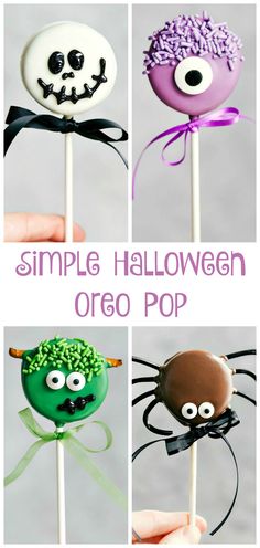 four different halloween lollipops with eyes and noses on them, all decorated in purple