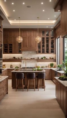 a large kitchen with wooden cabinets and marble counter tops, along with bar stools