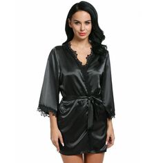 Women's Casual Night Robe With Beautiful Lace - Zorket Fitted Long Sleeve Satin Sleepwear, Elegant Black Long Sleeve Sleepwear, Black Fitted V-neck Sleepwear, Black V-neck Fitted Sleepwear, Black V-neck Stretch Sleepwear, Black Stretch V-neck Sleepwear, Black Satin Long Sleeve Sleepwear, Fitted Black Long Sleeve Sleepwear, Black Stretch Sleepwear