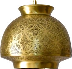 a brass colored light fixture with intricate design on the front and sides, against a white background