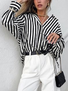 Effortless Pinstripe Shirt Baggy Clothes Aesthetic, Stripes Blouse, Pinstripe Shirt, Black And White Outfit, Heading Fonts, Fit Clothes, Baggy Clothes, Fits Clothes, Clothes Aesthetic