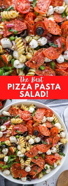 Pizza pasta salad with pepperoni and mozzarella balls tossed in a tangy Italian vinaigrette in a white bowl surrounded by fresh sliced basil and garlic bread. Things To Make With Mozzarella Balls, Superbowl Pasta Salad, Hot Honey And Pepperoni Pizza Pasta Salad, Pepperoni Salad Pasta, Lunch Ideas For Potluck, Pepperoni Pizza Salad, Pasta Salad Mozzarella Balls, Dishes To Pass At A Cookout, Pepperoni Pasta Salad Recipes