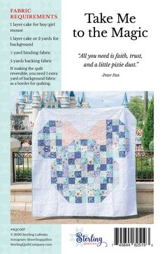 a quilt book with the title take me to the magic written in blue and pink