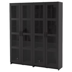 a black cabinet with glass doors and shelves