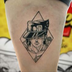 a man with a hat and glasses on his head is depicted in this tattoo design