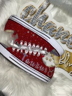 (Please add zodiac sign to notes when placing order) Custom Bling Converse All Star Chuck Taylor Sneakers. All designs handmade and embellished with a variety of high quality crystals. Great for weddings, proms, homecomings, birthdays, special events or just your everyday girly girl. **IF YOU NEED THIS ITEM BEFORE THE PROJECTED SHIPPING TIME YOU MUST CONTACT US BEFORE ORDERING (additional charges may apply) ** Shoe Size: Sizes stating at women's size 6 to women's size 12; Size availability may v Burgundy Quince, Rhinestone Converse, Painted Converse, Bling Converse, Ribbon Shoes, All Star Converse, Wedding Converse, Star Converse, Converse Low Tops