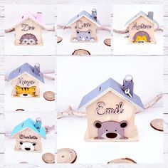 several different wooden houses with animals on the top and bottom, one for each child's room