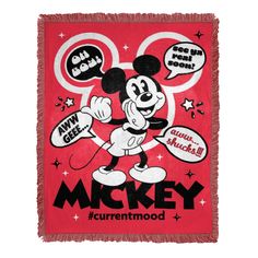 the mickey mouse thrower is red with black and white lettering