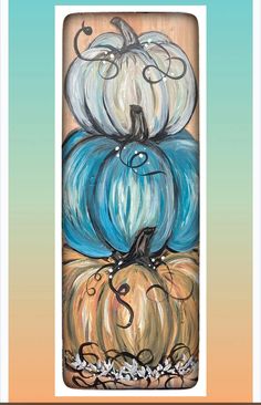 an acrylic painting of blue pumpkins on a wooden plaque with vines and swirls