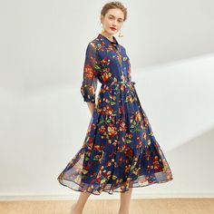 100% Silk Chiffon Collared Button Down Floral Print Midi Dress Comes with Matching Silk Belt and slip Designed with flowing tiered peasant skirt! Size: US Women's M & L Baby Girls Dresses, Peasant Skirt, Hudson Ny, Stiletto Boots, Floral Print Midi Dress, Print Midi Dress, Printed Midi Dress, Silk Chiffon