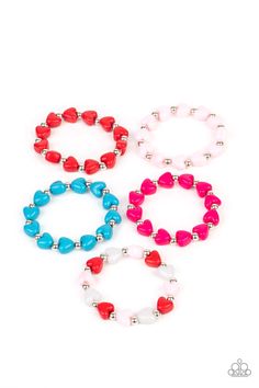 These bracelets featuring silver beads, the Valentine's Day inspired stretchy bracelets feature heart-shaped beads in shades of red, pink, blue, and multicolored. All earrings attach to standard post fittings. Sold as a set of 5 for $5 Ideas Pulseras, Paparazzi Accessories Jewelry, Valentines Bracelets, Bracelet Kits, Paparazzi Accessories, Childrens Jewelry, Stretchy Bracelets, Valentines For Kids, Blue Heart