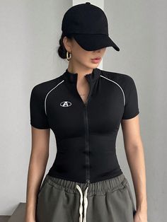 Women's Short Sleeve Zipper Front Slim Fit T-Shirt Black Casual  Short Sleeve Knitted Fabric Graphic,Letter  High Stretch Summer Women Clothing, size features are:Bust: ,Length: ,Sleeve Length: Short Top Designs, Gym Tops Women, High Waist Sports Leggings, Outfit Gym, Classic Corvette, Kids Sleepwear, Casual Style Outfits, Black Casual, Sports Shirts